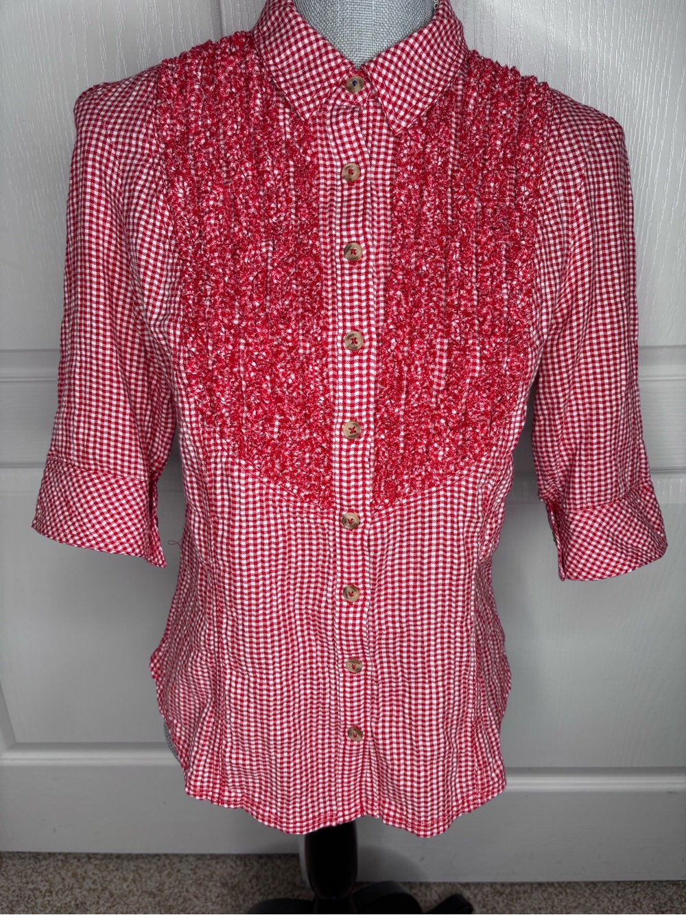 Pilcro Anthropologie Red Gingham Button-Down Shirt with Textured Front Bib